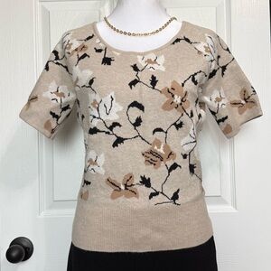 Tahari Beige and Black Knit Floral Sweater